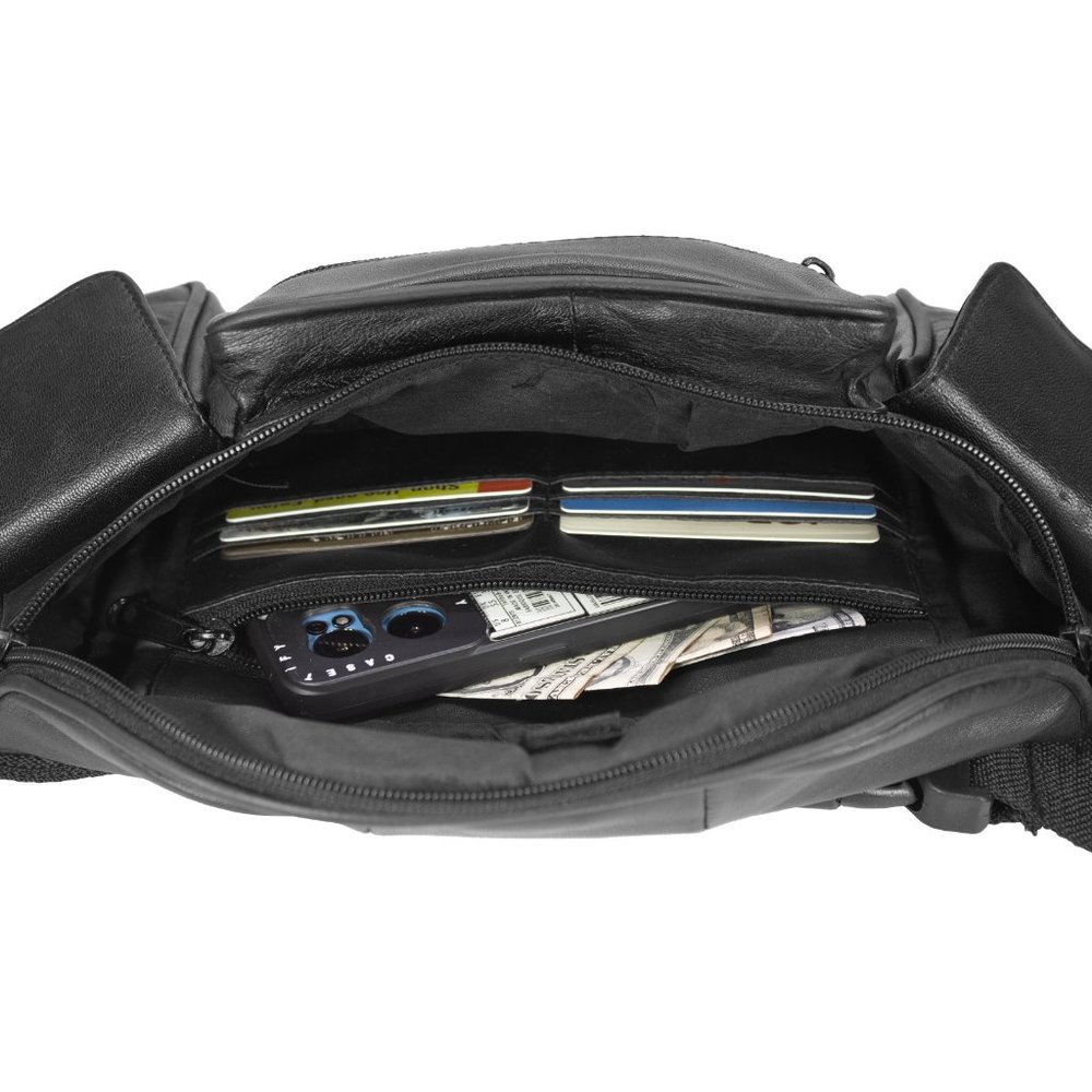 Leather Fanny Pack Multi Zippered Waist Bag Hip Belt Bag for Unisex, Black - Picture 6 of 10